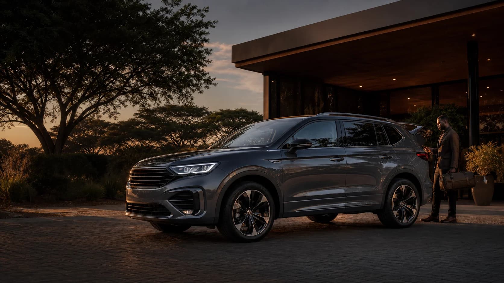 Illustrative premium SUV and traveller at a modern Botswana lodge setting.